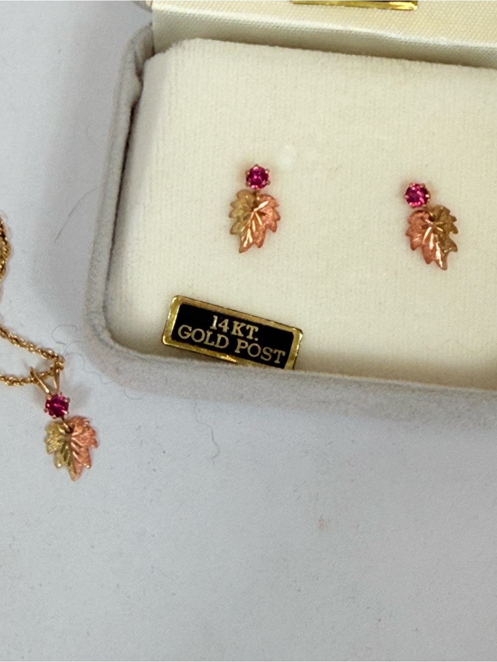 Black Hills Gold & Ruby Two Toned Leaf Necklace & Earrings 14 KT